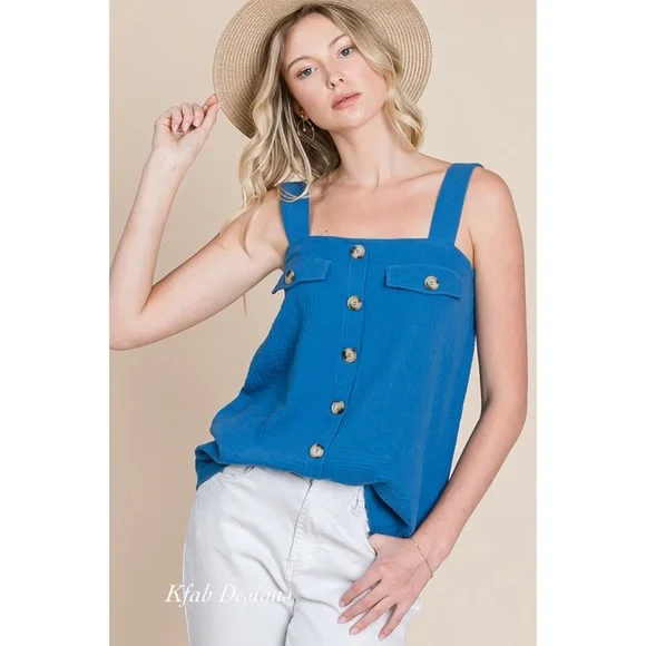 LAST 2! Go To Perry Blue Cotton Sleeveless Top with Button Detail! - Picture 1 of 4